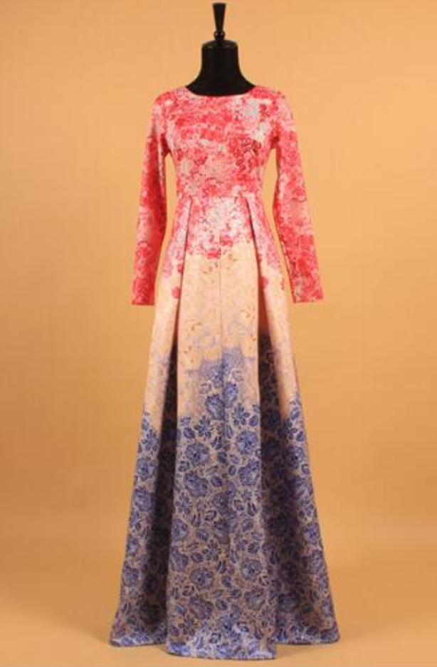 Fashion Elegant Petals Print Expansion Bottom Full Sleeve Ball Gown Cotton Print Long Dress