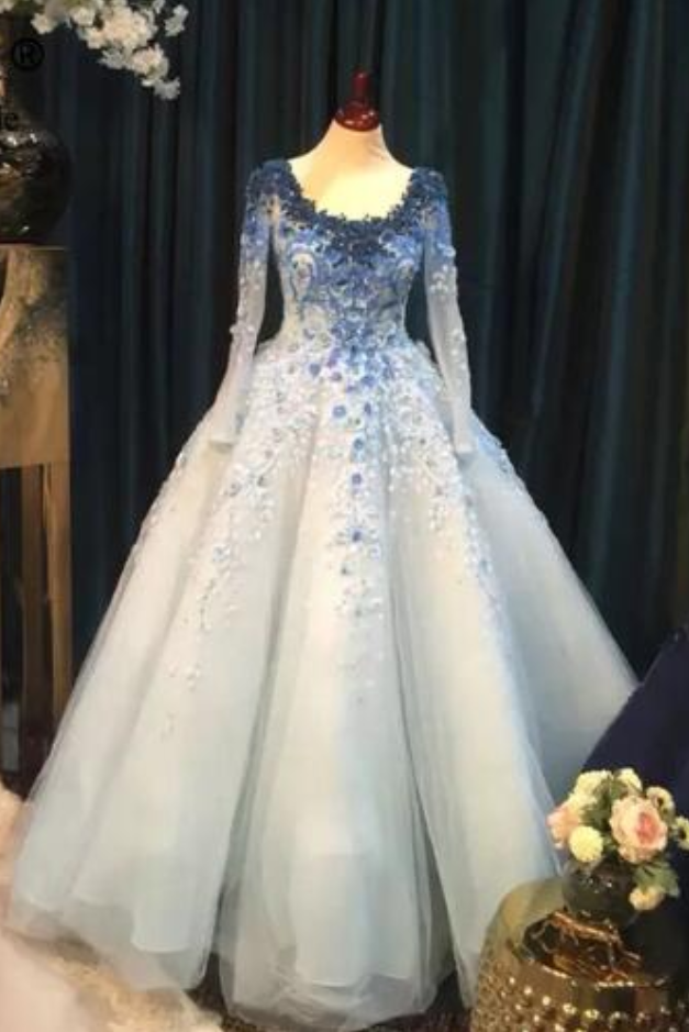 Sky Blue Ball Gown Evening Dress Luxury Beaded 3d Flowers Arabic Wedding Party Dresses Long Evening Gown