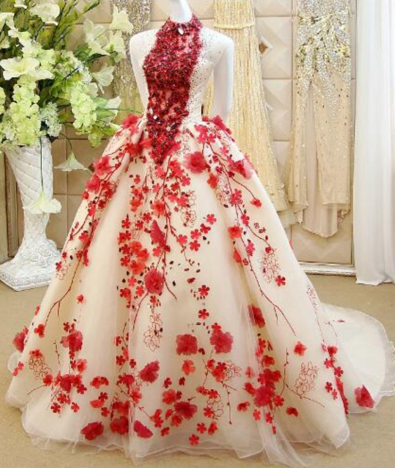 Gown Embroidered Beaded Diamond Flowers Evening Dresses Backless Puffy Party Red Carpet Prom Gowns