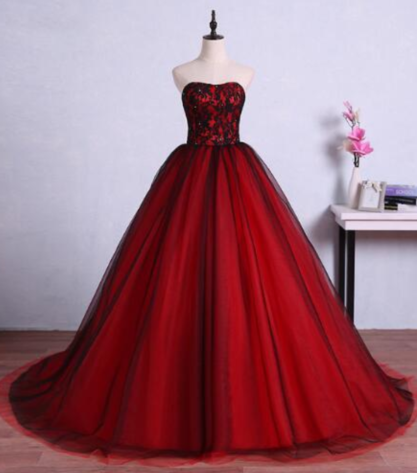 Red And Black Evening Dresses Style Strapless Evening Gowns Sexy Illusion Lace Ball Gown Puffy Wedding Party Dresses