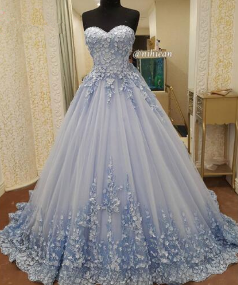 Fashion Blue Evening Dresses Appliques Lace Ball Gown Puffy Arabic Dubai Prom  Gown With Flowers Wedd on Luulla