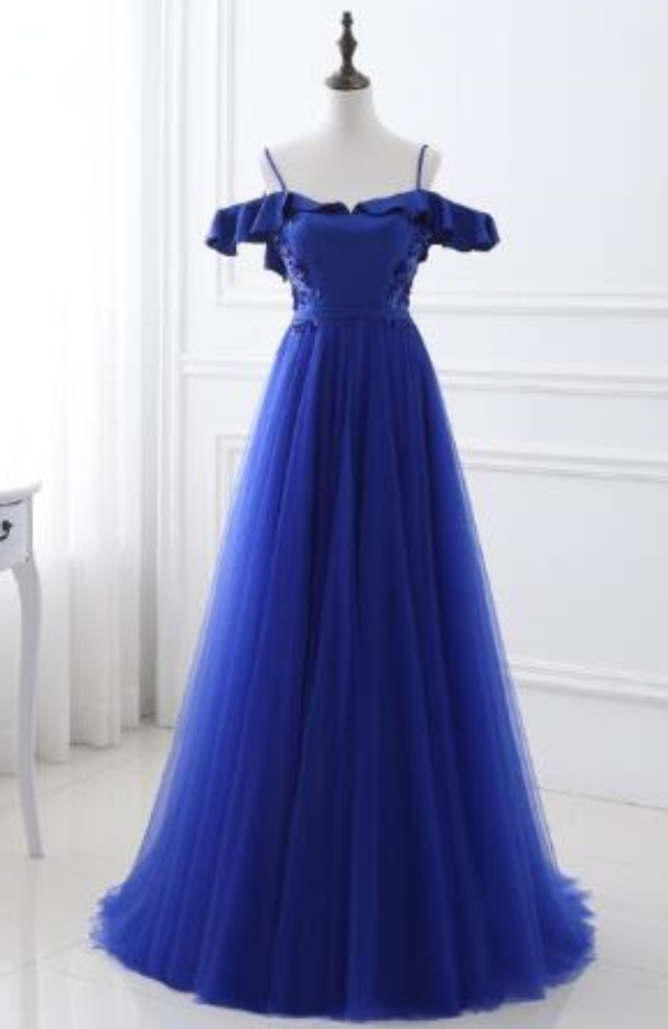 Real Picture Long A Line Evening Dresses Backless Royal Blue Sleeveless Formal Party Prom Gown Robe
