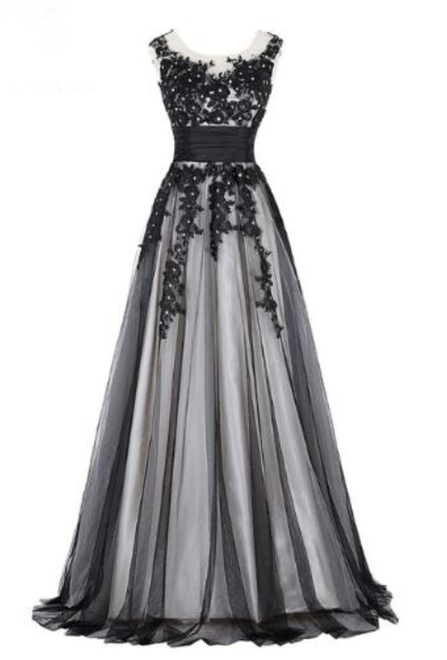 Long Prom Dress Elegant Black Appliques Sleeveless Soft Tulle Women's Fashionable Party Dress Floor Length