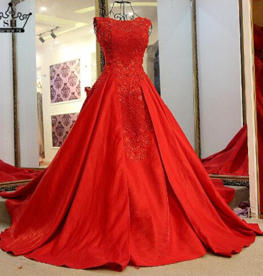 Luxury Crystal Evening Dress Red Beading Satin Sexy Ball Gown Bride Dress Chapel Train Real Picture