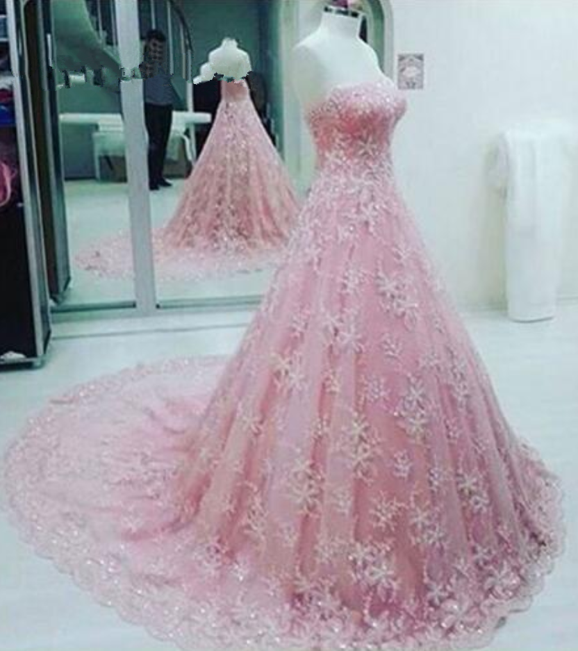 Bridal Ball Gown Strapless Robe De Soiree Longue Pink Lace Formal Women Evening Dress Imported Gowns From China