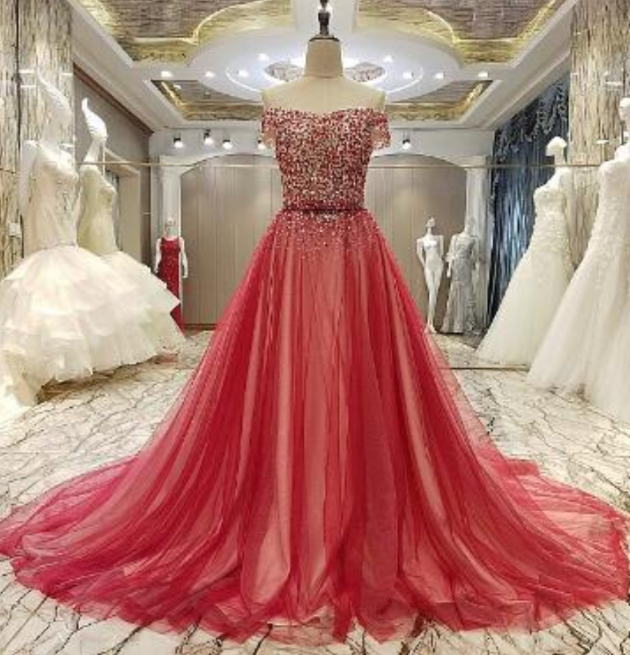 Elegant red Mermaid Party gown camisole sequined beaded floor