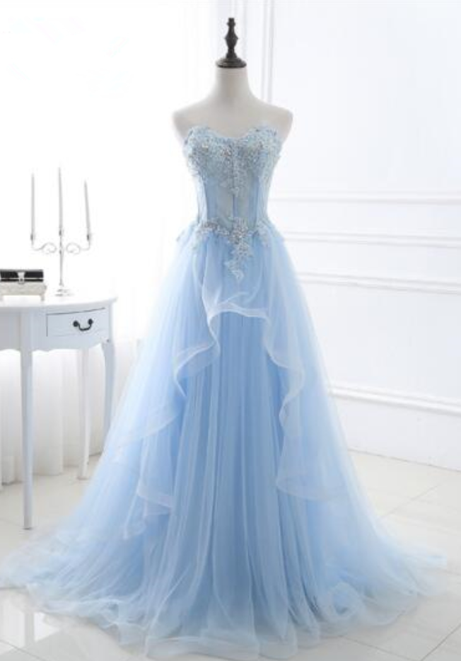 Elegant Light Blue Long Prom Dresses Sleeveless Tulle Beading Sweetheart Lace Up Back Bandage Women Promenade Dresses