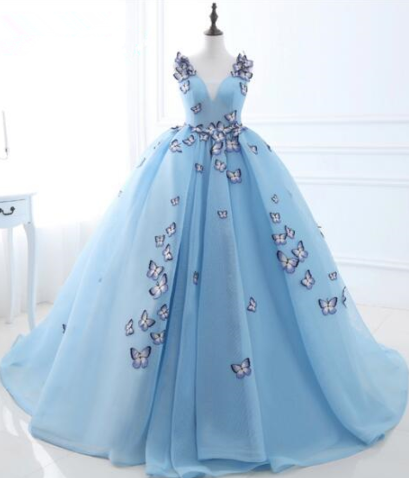 Light Blue Ball Gown Prom Dress Without Sleeves With V-neck Cotton Tulle With Butterfly Applique Bandage Big Party Gown
