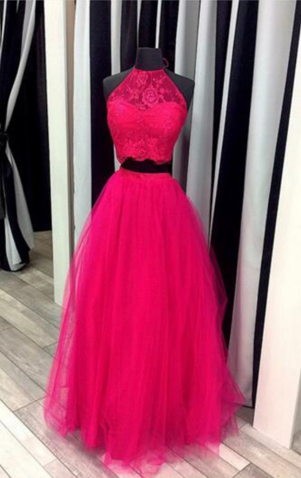 Elegant Prom Dresses Two Pieces Lace Tulle Halter Floor Length Of Sleeves A Line Off Shoulder Dresses Promenade Gown