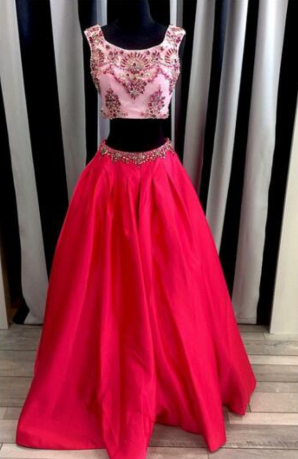 Two Pieces Red Sticky Crystal Scoop Satin A-line Sleeveless Sexy Prom Dresses Robe De Soiree Rouge Graduation Dresses Fashion