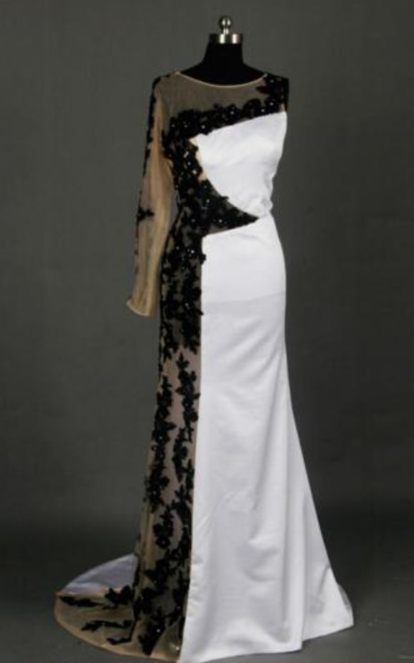Fashion Pizzo Nero A Manica Lunga Bianco E Side Sheer Vedere Attraverso Prom Dresses
