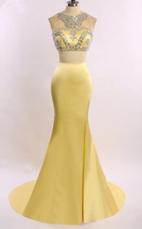 Yellow Two-piece Mermaid Party Dress Fashion Women Dragging Ball Dress Sexy String Beaded Umbilical Cocktail Party Dress