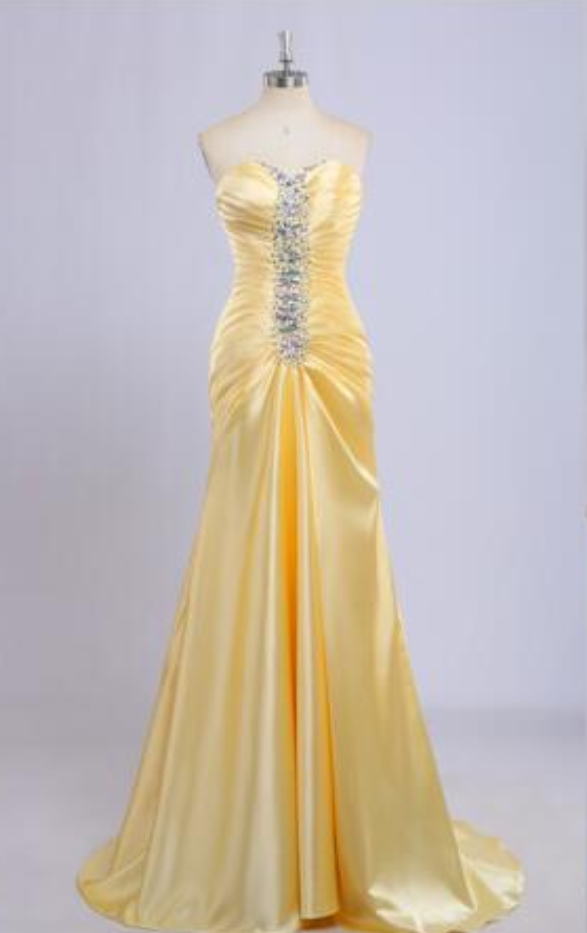 Abiti Della Sirena Prom Dresses Elegante In Rilievo Di Cristallo Della Piega Dell'innamorato Giallo Vestiti