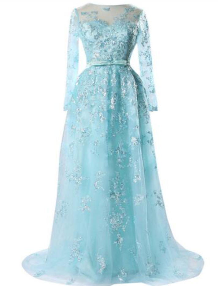 Light Blue A-line Lace Applique Dress Women's Fashion Prom Dresses Trailing Long-sleeved Dress