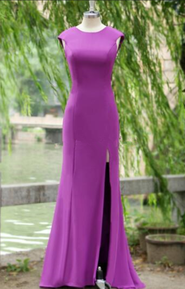 Personalized Purple Scoop Neckline Cap Sleeve Open Back Prom Dresses Chiffon Sexy Floor-length Prom Dresses Slit In The Side