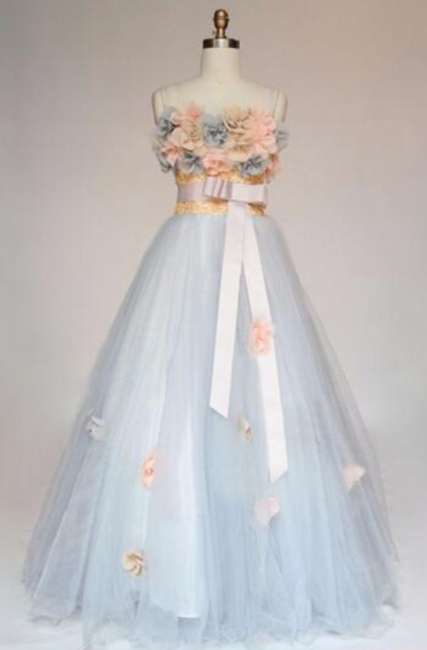 Flowers Ball Gown Strapless Cyan Tulle Prom Dresses With Belt Romantic Long Special Occasion Dress