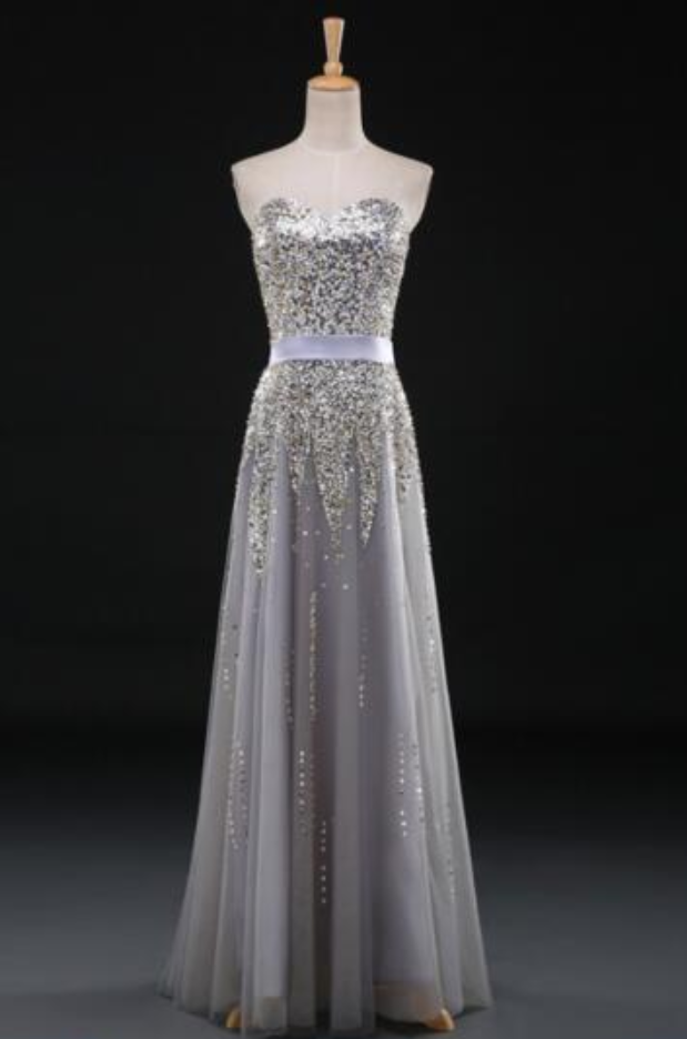 Sweetheart Shimmer Luxury Beading Gray Tulle A Line Long Prom Dress Formal Evening Dress