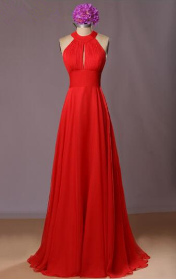 Red Long Chiffon Bridesmaid Dresses Halter Sleeveless Floor-length Open Back Summer Style Wedding Party Dresses Ball Gown Fashion Women