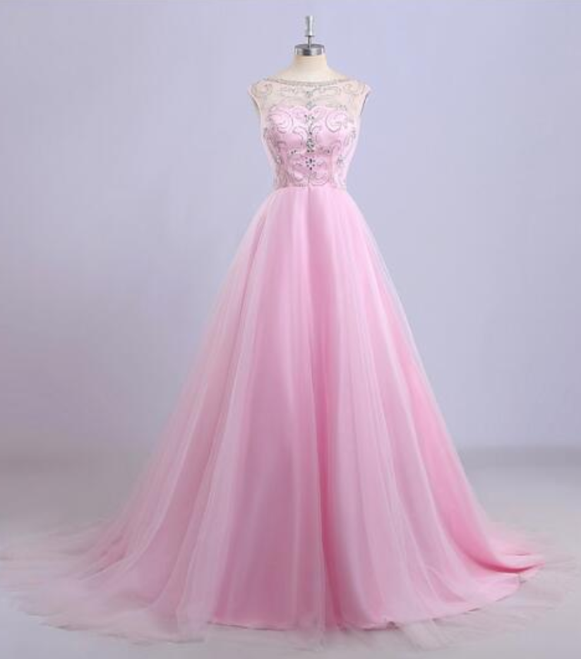 Fashion Woman Cute Pink Tulle Prom Dresses For Women Elegant Beaded Scalloped Neckline Sexy V Back Party Dresses Homecoming Ballkleider Lang