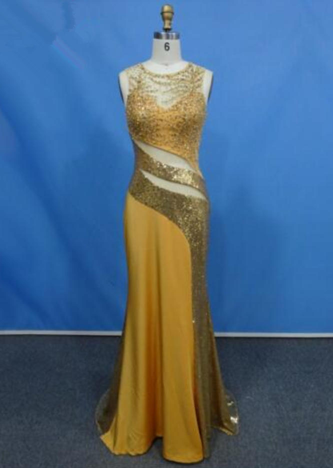 Gorgeous Golden Mermaid Jersey Prom Dress Long Scoop Neck Sequined Floor Length Evening Party Dress
