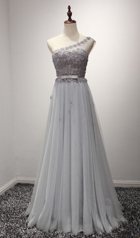 Gray One Shoulder Prom Dress,grecian Prom Formal Dress With Daisy Flower