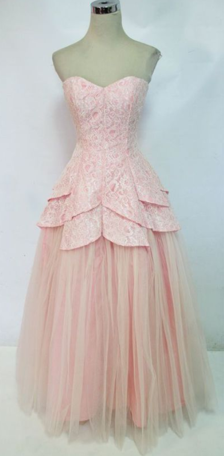 Custom Made Pink Lace Sweetheart Neckline Tulle Cascading Peplum Bridesmaid Dress