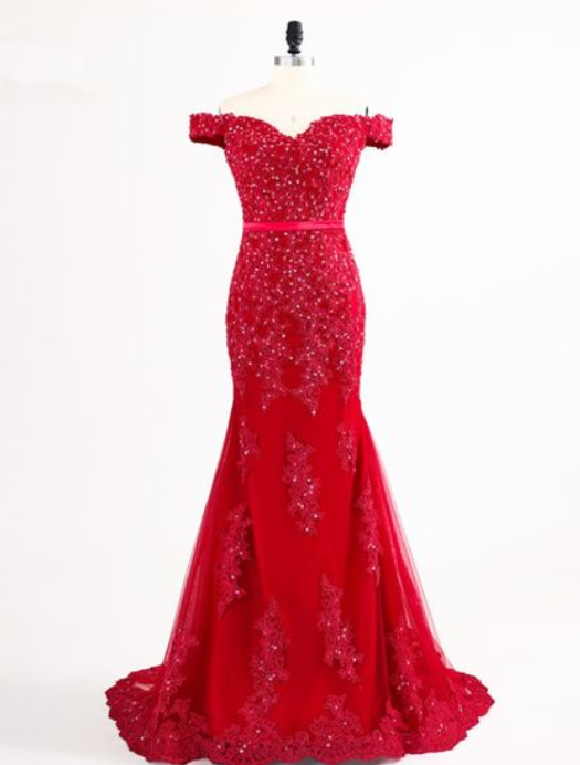 Red Off-the-shoulder Long Beaded Mermaid Prom Evening Dress With Lace Appliqués