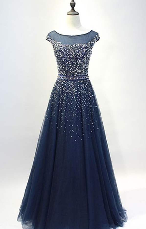 Glamorous A-line Round Neck Navy Blue Long Prom/evening Dress With Beading