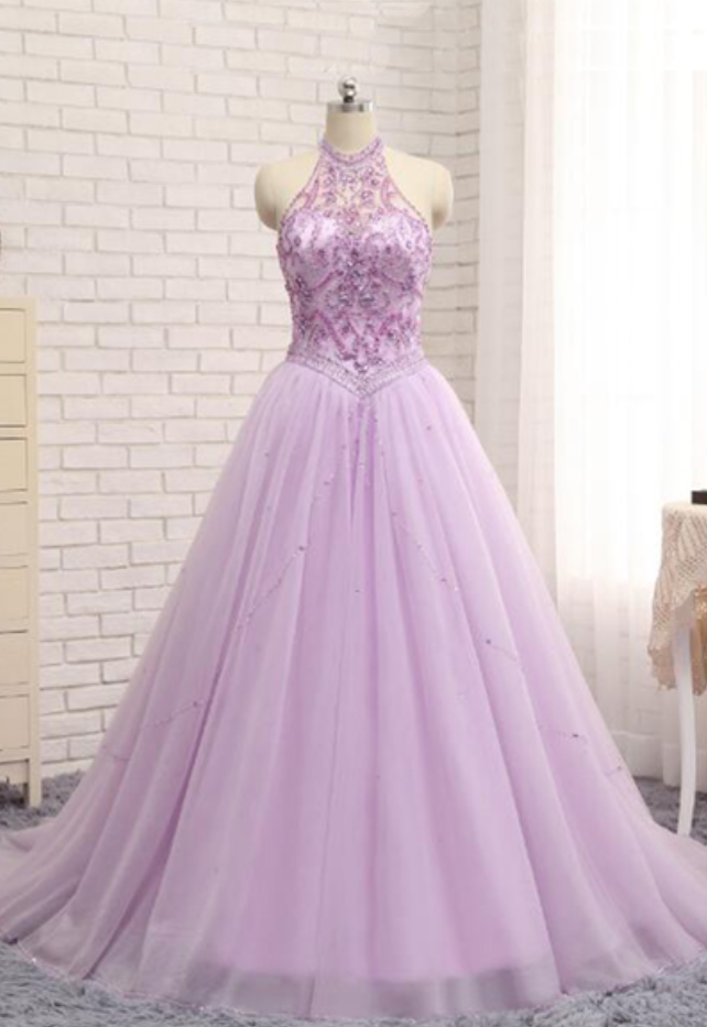 Princess Lavender Tulle Crystal Long Halter Prom Dress, Beaing Long Evening Dresses