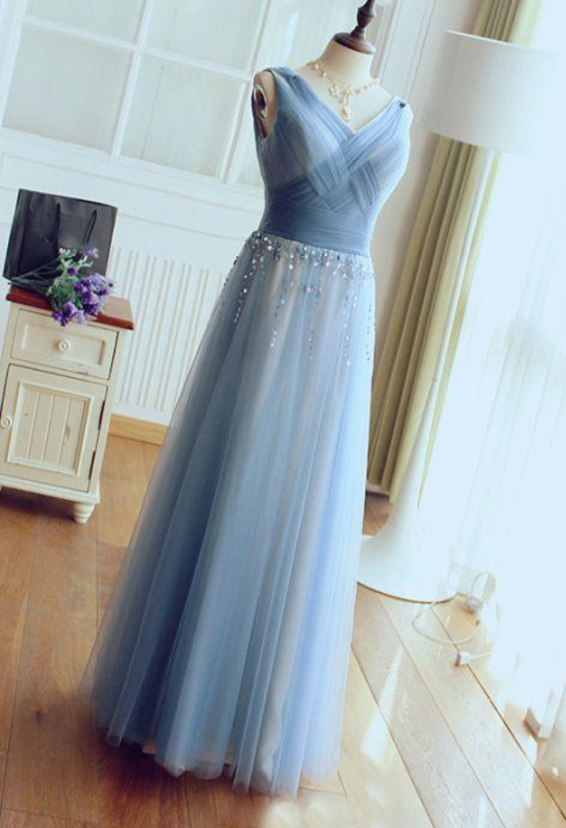 Chic Prom Dress A-line V-neck Blue Tulle Evening Dress