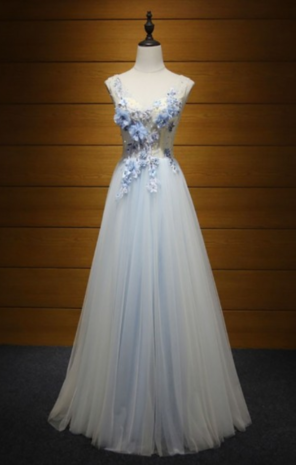  Romantic A-line V-neck Floor-length Tulle Prom Dress With Flowers
