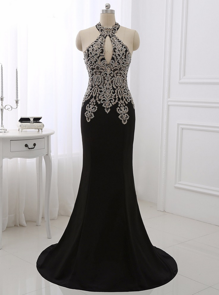 Black Formal Dress,evening Dresses,women Prom Party Gowns ,gold Appliques Formal Dresses,sexy Halter Mermaid Dress Sleeveless