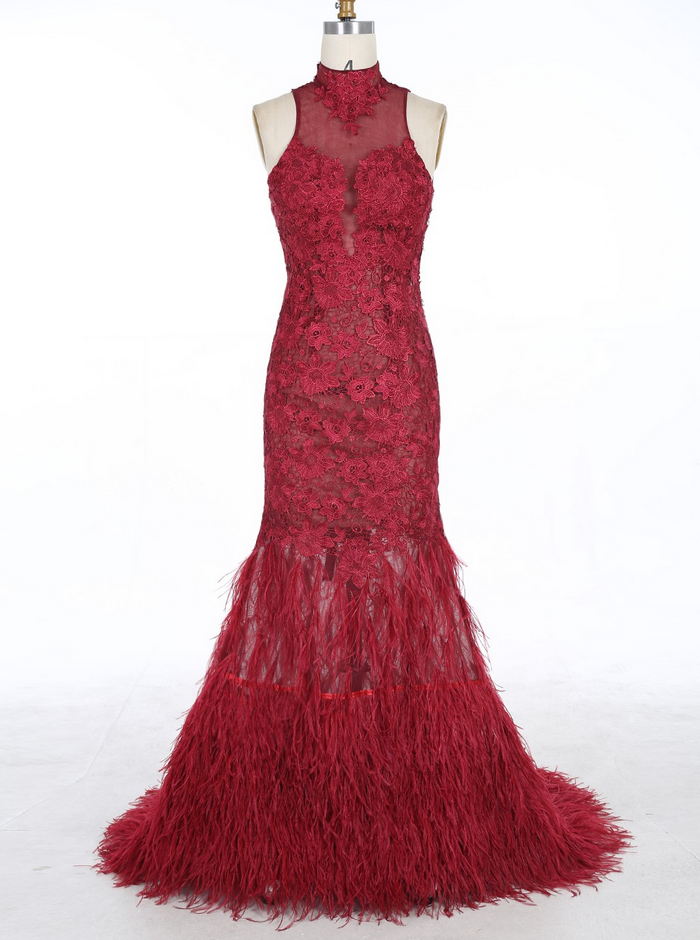 Prom Dress, Red Lace Mermaid Long Prom Dress, Feather Train Prom Dress, High Neck Prom Dress