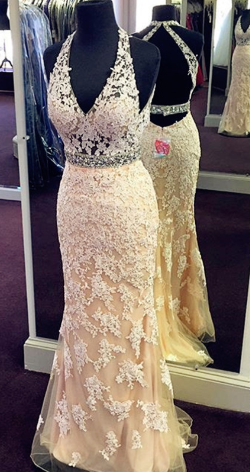 Prom Dress,modest Prom Dress,halter Prom Dress,lace Prom Dress