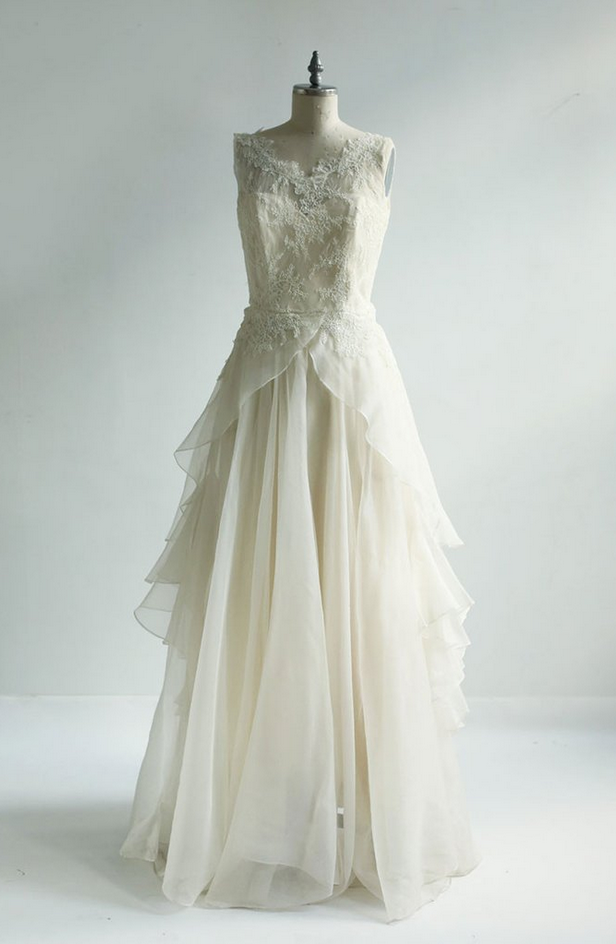 Vory Round Neck Lace Chiffon Long Prom Dress, Lace Wedding Dress