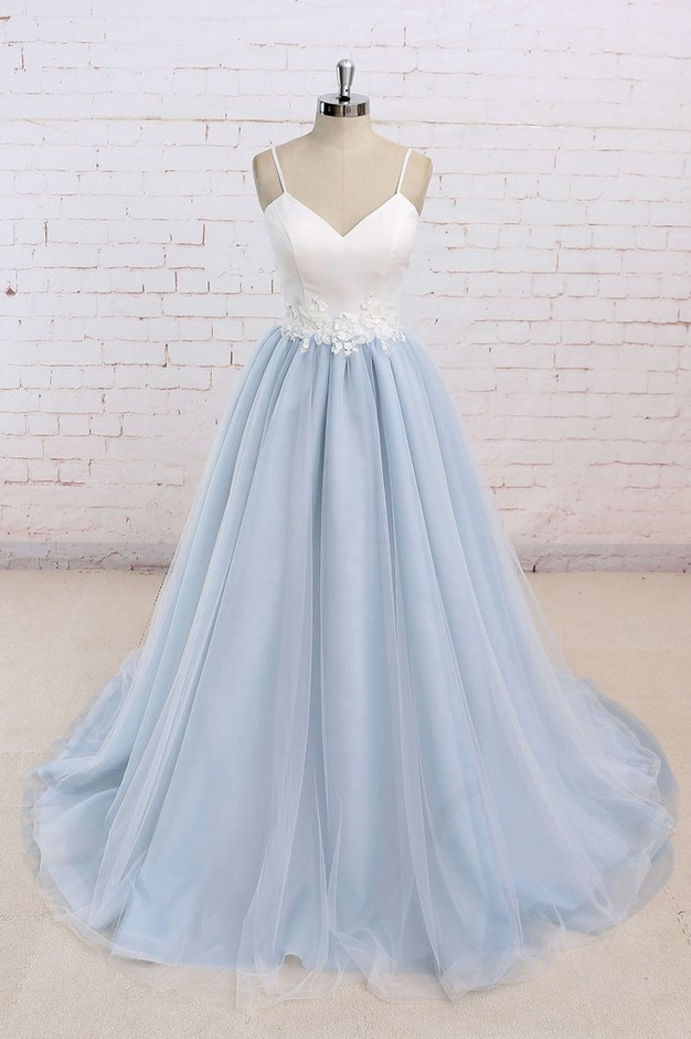 Simple Blue Tulle Long Prom Dress, Tulle Wedding Dress Prom Dress Prom Dress