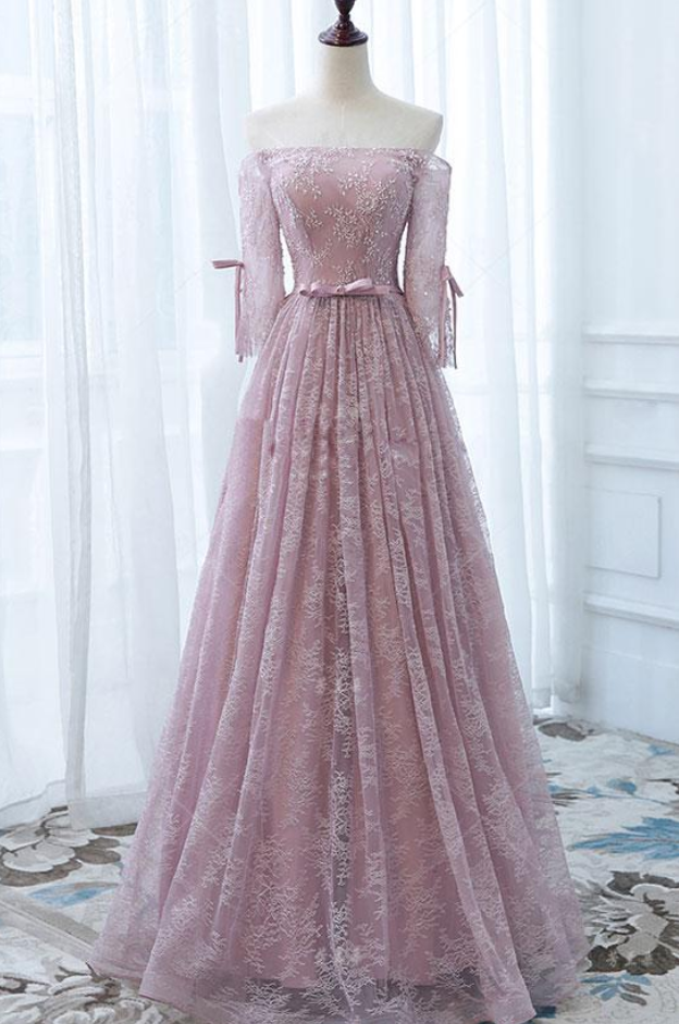 Pink Lace Long Prom Dress, Pink Lace Bridesmaid Dress