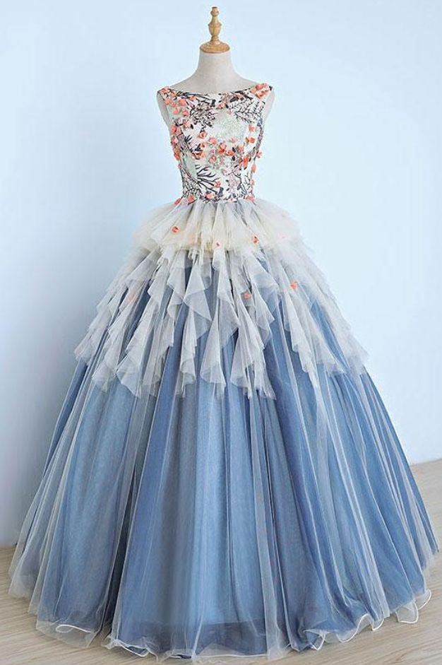 Unique Round Neck Tulle Long Prom Dress, Gray Blue Sweet 16 Dress