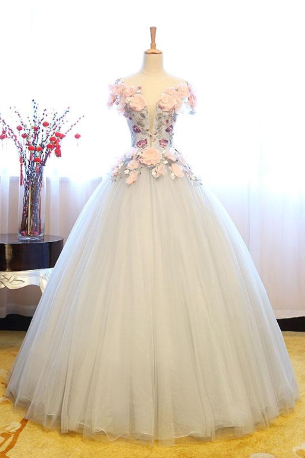 Gray Lace Applique Tulle Long Prom Gown, Sweet 16 Dress