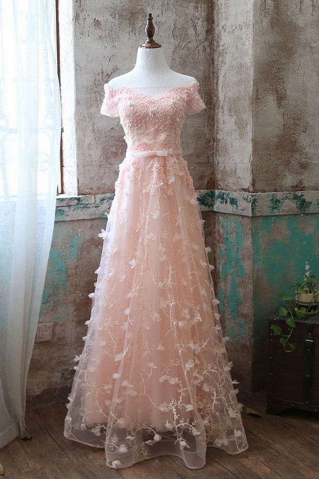 Pink Lace Tulle Long Prom Dress Pink Evening Dresses Prom Dress