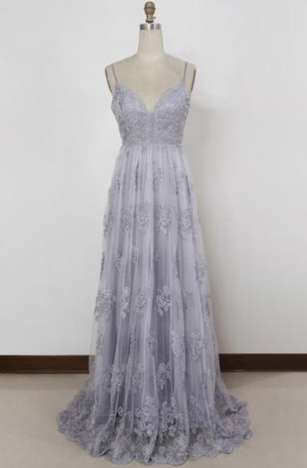 Sheath Spaghetti Straps Sweep Train Backless Lavender Tulle With Appliques Prom Dresses