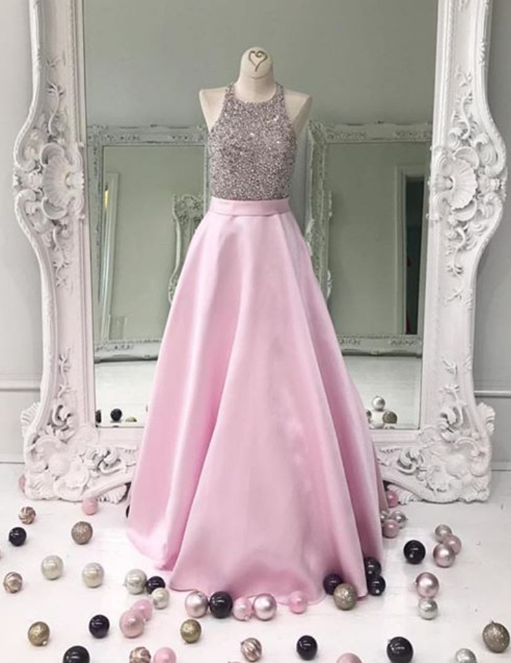 Modern Round Neck Floor Length Pink Prom Dress With Beading