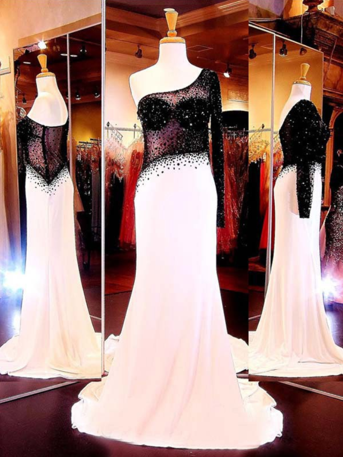 Court Train Multi Colours Chiffon Tulle Crystal Detailing Long Sleeve One Shoulder Evening Dress