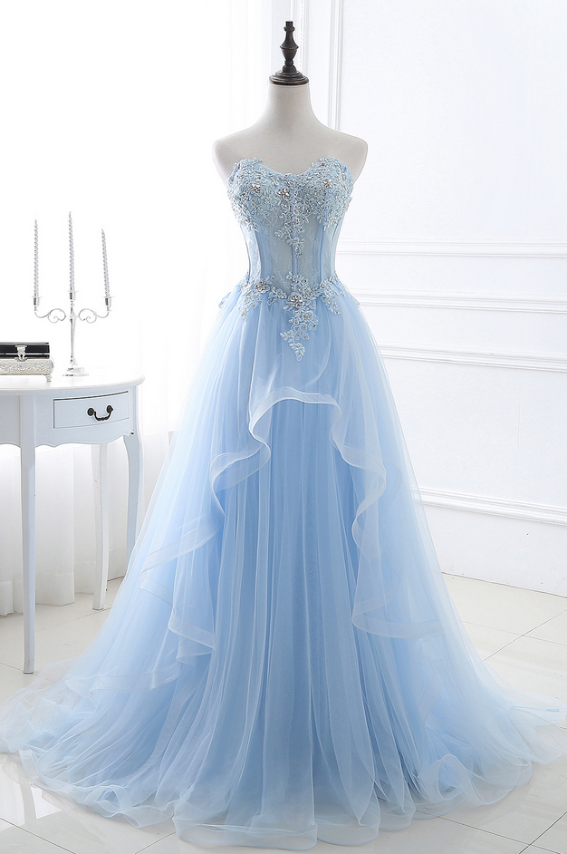 Babyonline Romantic Sky Blue Sweetheart Long Prom Dresses Beaded Lace Applique Formal Evening Dresses Party Dress