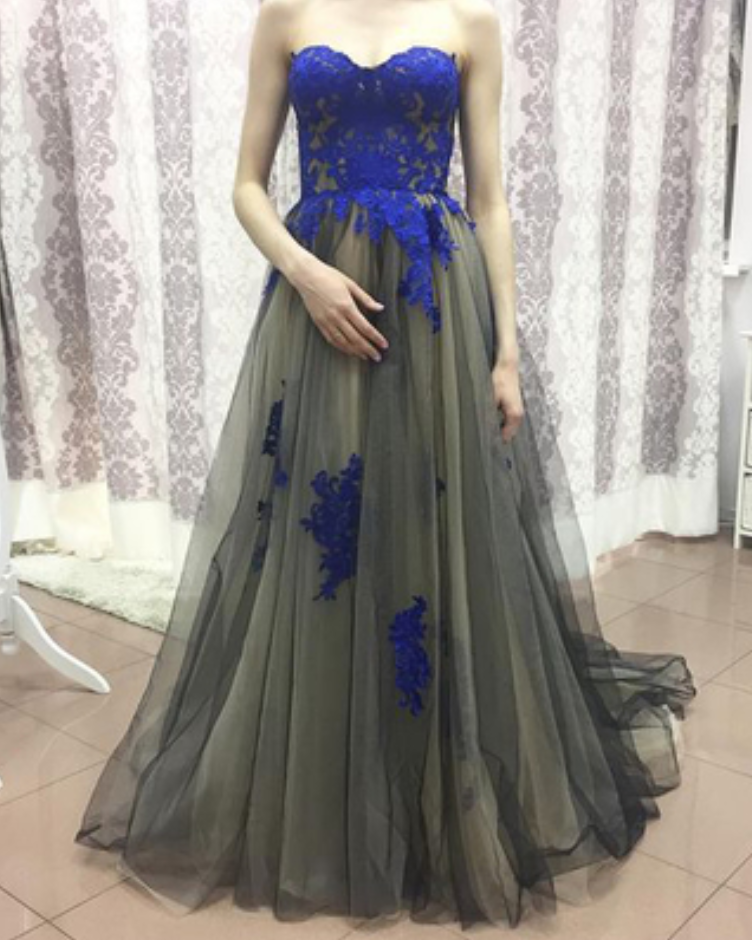 Dark Grey Tulle Royal Blue Appliqued Prom Dresses,strapless Prom Gowns,long Formal Dresses