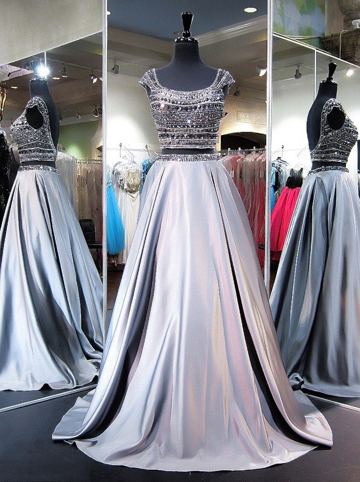 Princess Scoop Neck Satin Sweep Train Beading Two Piece Backless Boutique Prom Dresses