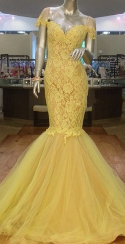Yellow Lace Prom Dress,Modest Prom Dress,Stunning Yellow Off the shoulder short Sleeves Evening Dress Lace Mermaid Prom Gown