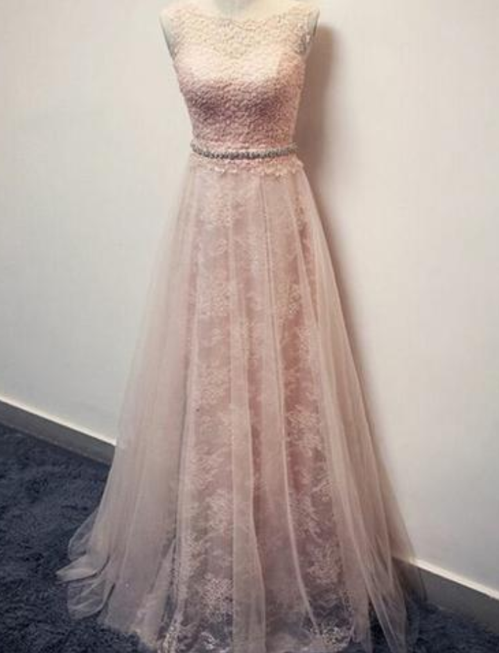 Charming Blush Pink Lace Formal Applique Long Prom Dresses
