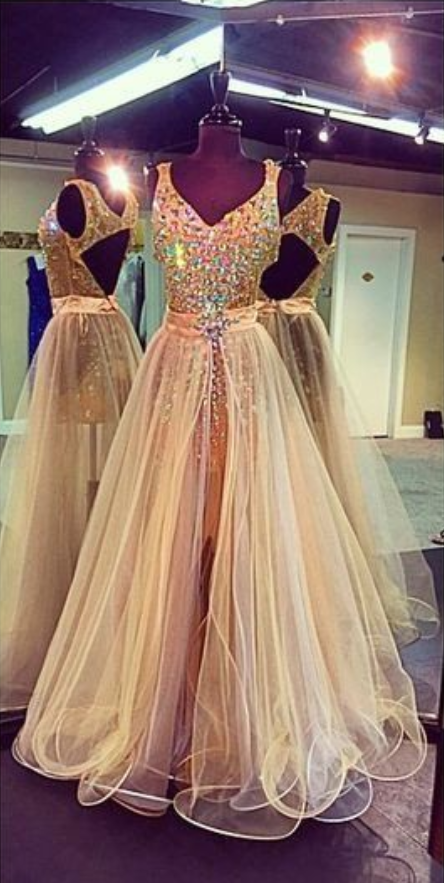 Gold Sparkle 2 Pieces Heavy Beaded Open Back Long Prom Dresses