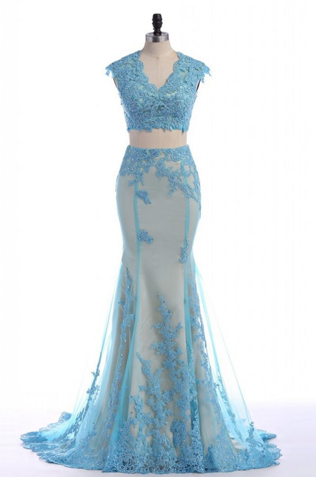 Ice Blue Organza Lace Applique Two Pieces Mermaid Train Evening Dress, Formal Dress